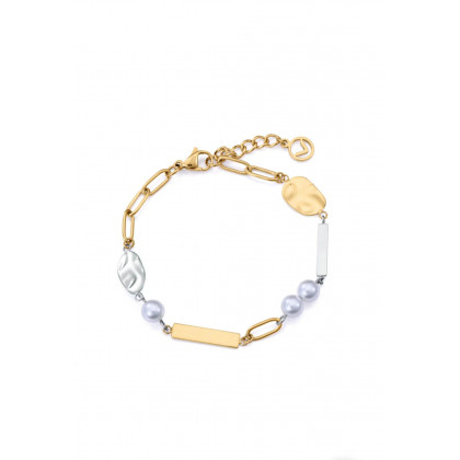 Pulsera de mujer de acero IP dorado con perlas sintéticas.