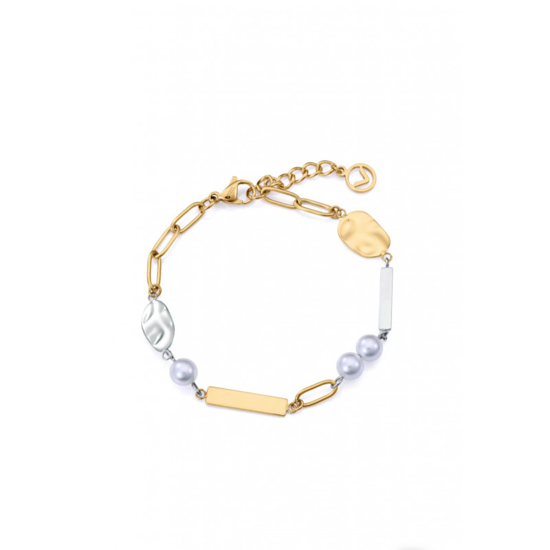 Pulsera de mujer de acero IP dorado con perlas sintéticas.