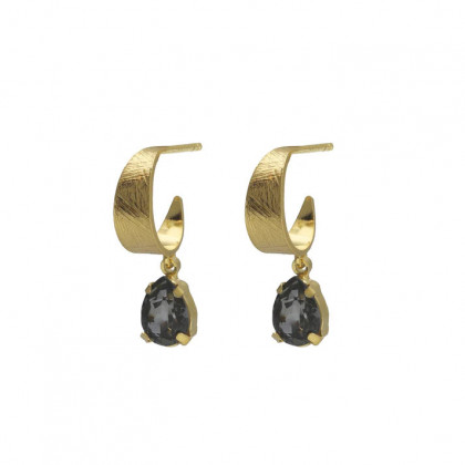Pendientes aro lágrima cristal negro en Plata baño Oro de Noise