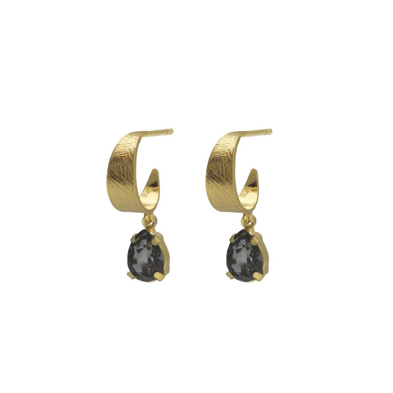 Pendientes aro lágrima cristal negro en Plata baño Oro de Noise Pendientes aro lágrima cristal negro en Plata baño Oro de Noise