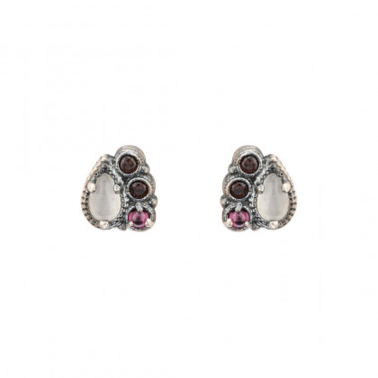 Pendientes botón plata ojo de gato  blanco.