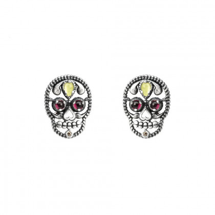 Pendientes plata de botón calavera piedras