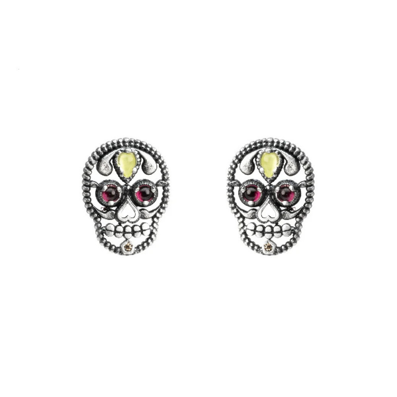 Pendientes plata de botón calavera piedras Pendientes plata de botón calavera piedras
