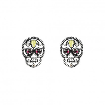 Pendientes plata de botón calavera piedras