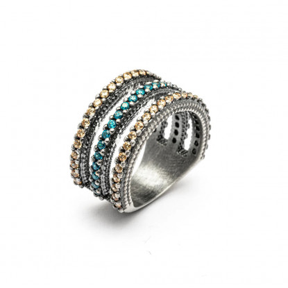 ANILLO PLATA TRES TIRAS DE CIRCONITAS CAVA, AGUAMARINA