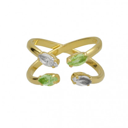 Anillo ajustable cruz cristal en plata baño oro de parís