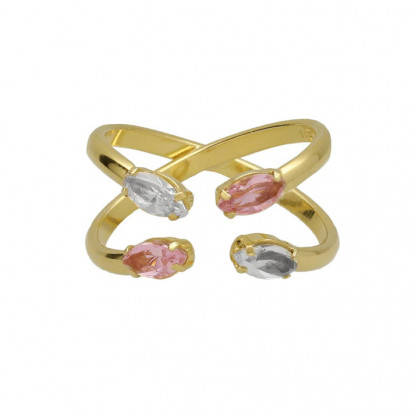 Anillo ajustable cruz cristal en plata baño oro de parís